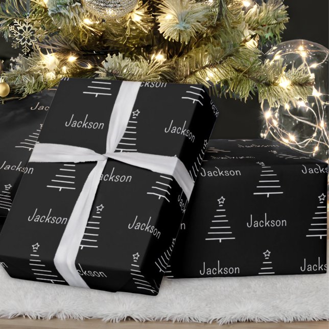 Papel De Regalo Nombre personalizado Árbol de Navidad Negro y Blan (Subido por el creador)