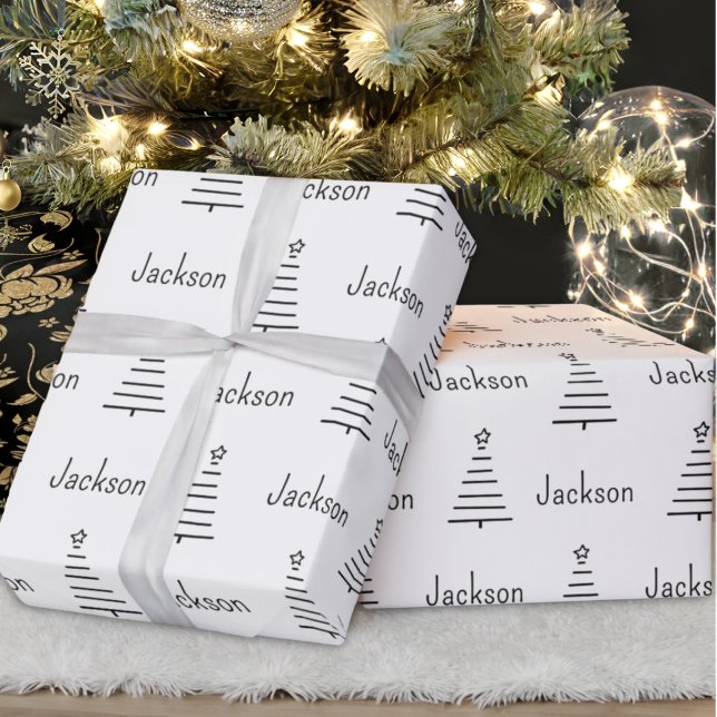 Papel De Regalo Nombre personalizado Árbol de Navidad Negro y Blan (Subido por el creador)