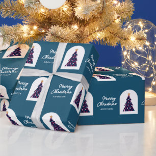Papel De Regalo Nombre personalizado Árbol Verde azulado de Navida