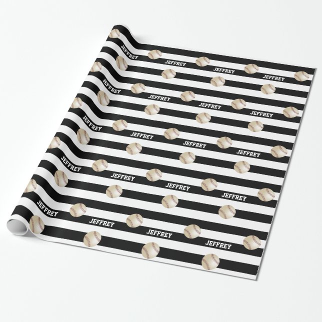 Papel De Regalo Nombre personalizado, béisbol negro y blanco (Desenrollado)