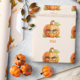Papel De Regalo Nombre Personalizado Calabaza Linda Otoño Hallowee