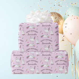 Papel De Regalo Nombre Personalizado Cumpleaños Gato Unicornio Ado