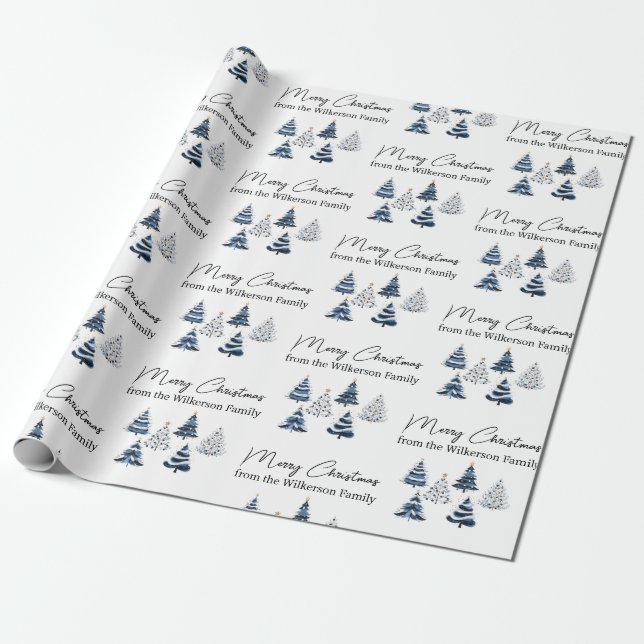 Papel De Regalo Nombre personalizado de árboles de Navidad azules (Desenrollado)