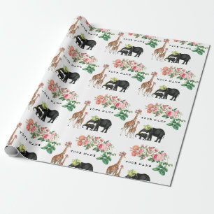 Papel De Regalo Nombre personalizado de elefante cutáneo y jirafa 