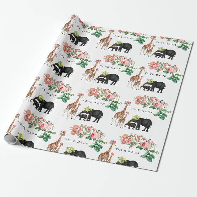 Papel De Regalo Nombre personalizado de elefante cutáneo y jirafa  (Desenrollado)