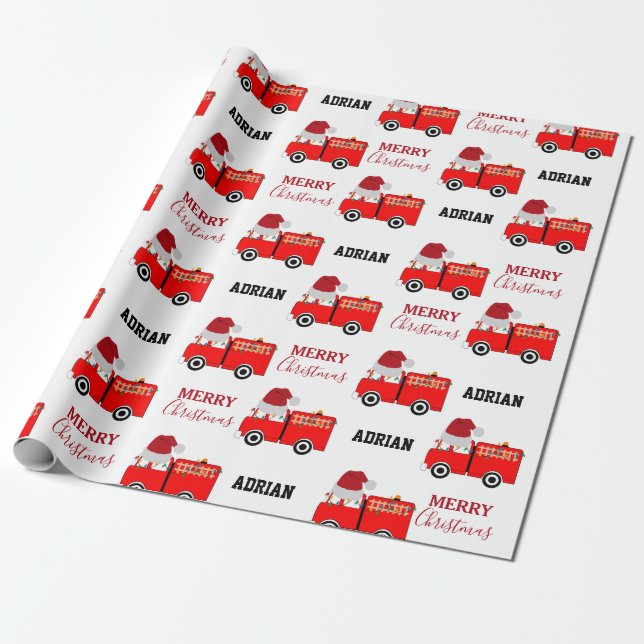 Papel De Regalo Nombre personalizado del camión de navidades rojos (Desenrollado)