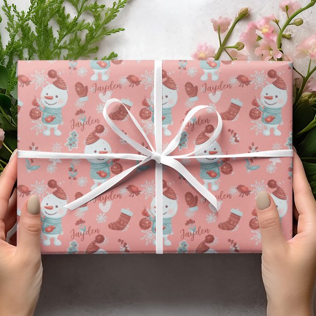 Papel De Regalo Nombre personalizado del Chica del Personalizado d (Cute Peach Snowman Cartoon Girl Custom Name Wrapping Paper
)
