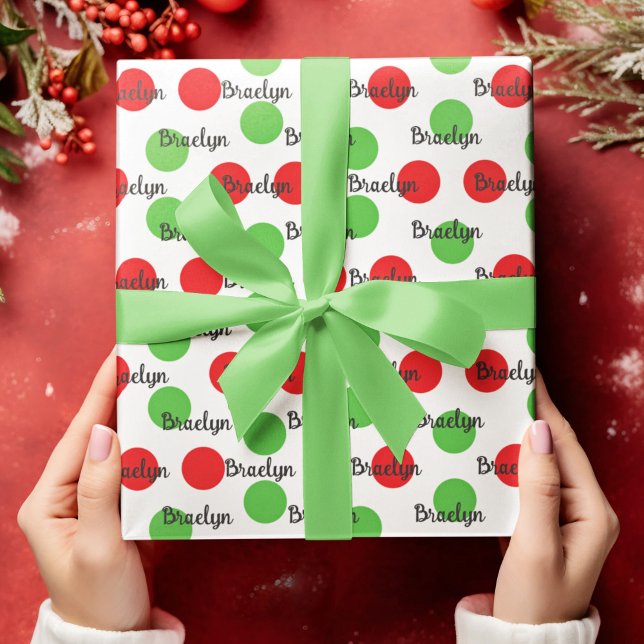 Papel De Regalo Nombre personalizado del círculo rojo y verde (Red and Green Circle Personalized Name Wrapping Paper)