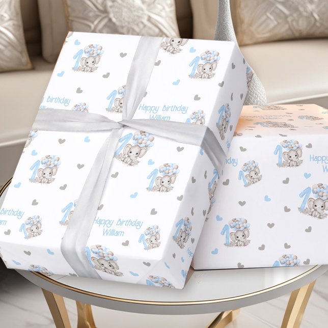 Papel De Regalo Nombre personalizado del elefante lindo del primer (Cute Elephant 1st Birthday Blue Personalized Name Wrapping Paper)