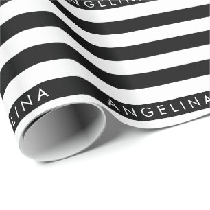 Papel De Regalo Nombre personalizado del patrón rayado negro y bl