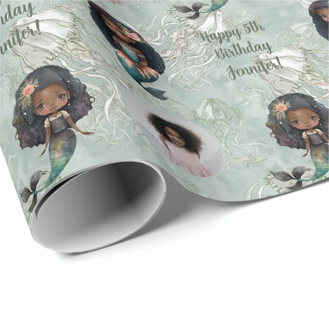 Papel De Regalo Nombre personalizado Edad Foto Sirena Cumpleaños (Esquina del rollo)