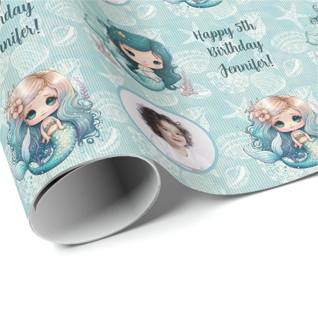 Papel De Regalo Nombre personalizado Edad Foto Sirena Cumpleaños (Esquina del rollo)