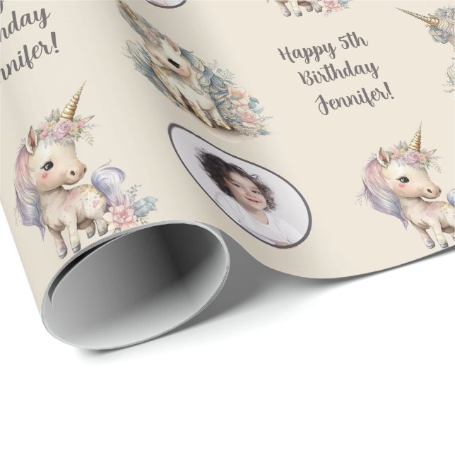Papel De Regalo Nombre personalizado Edad Foto Unicorn Cumpleaños (Esquina del rollo)