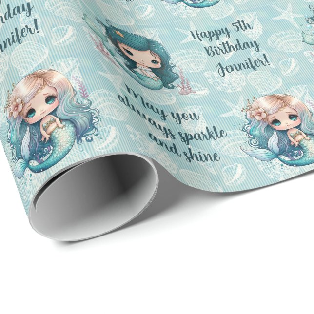 Papel De Regalo Nombre personalizado Edad Sentimiento Sirena Cumpl (Esquina del rollo)