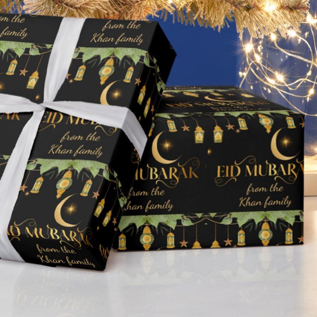 Papel De Regalo Nombre personalizado Eid Mubarak Linternas negras  (Elegant, modern "Eid Mubarak" black + gold wrapping paper. Customize with your family name!)