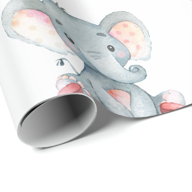 Papel De Regalo Nombre personalizado: elefante bebé, rosa y gris (Esquina del rollo)