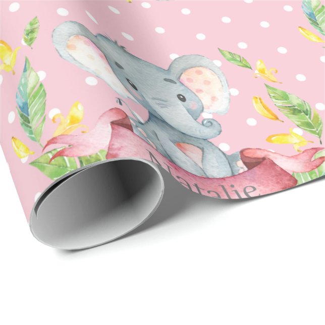 Papel De Regalo Nombre personalizado: elefante bebé, rosa y gris (Esquina del rollo)