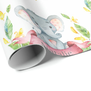 Papel De Regalo Nombre personalizado: elefante bebé, rosa y gris