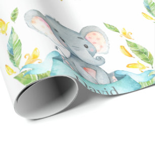 Papel De Regalo Nombre personalizado: elefante bebé Verde azulado 