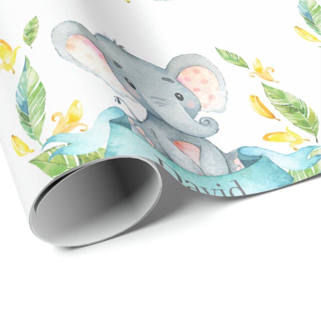 Papel De Regalo Nombre personalizado: elefante bebé Verde azulado  (Esquina del rollo)