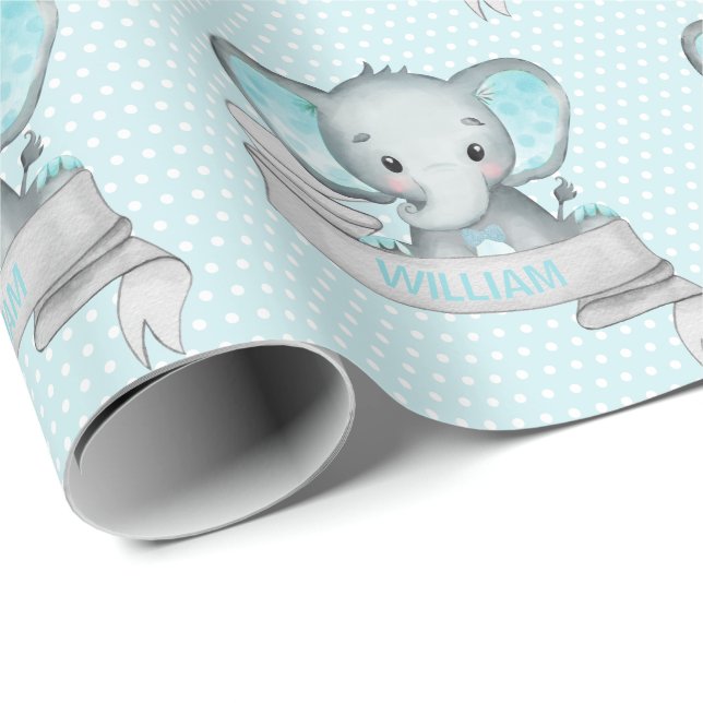 Papel De Regalo Nombre personalizado Elephant Baby Boy Azul y Gris (Esquina del rollo)