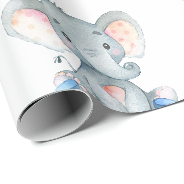 Papel De Regalo Nombre personalizado Elephant Baby Boy azul y gris (Esquina del rollo)