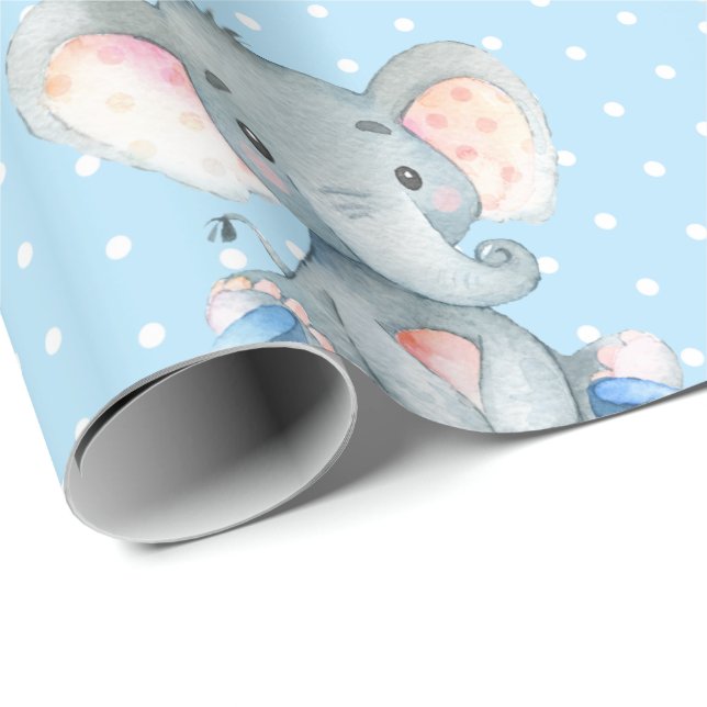 Papel De Regalo Nombre personalizado Elephant Baby Boy azul y gris (Esquina del rollo)