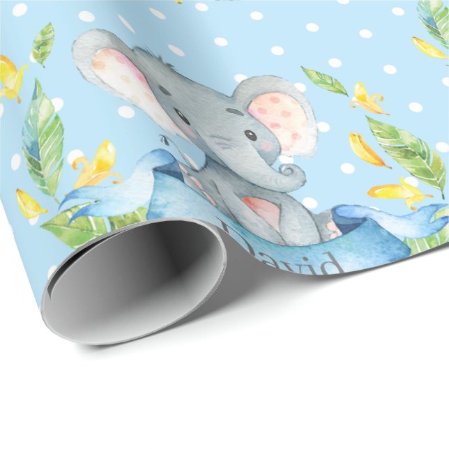 Papel De Regalo Nombre personalizado Elephant Baby Boy azul y gris (Esquina del rollo)