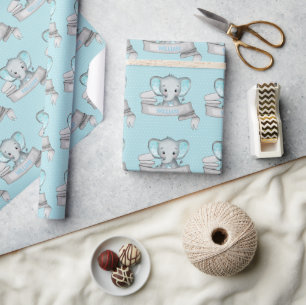 Papel De Regalo Nombre personalizado Elephant Baby Boy Blue & Grey