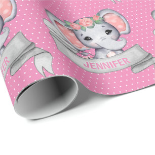 Papel De Regalo Nombre personalizado Elephant Baby Girl Pink