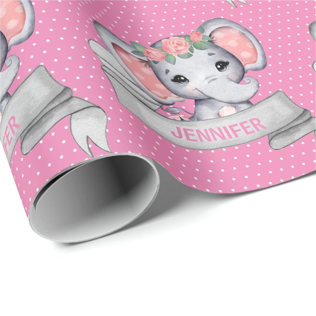 Papel De Regalo Nombre personalizado Elephant Baby Girl Pink (Esquina del rollo)
