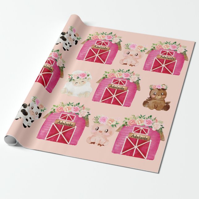 Papel De Regalo Nombre personalizado: Granja rosa/Barnera floral,  (Desenrollado)