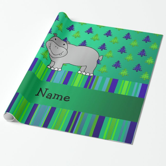 Papel De Regalo Nombre personalizado hippo rayas azules verdes (Desenrollado)