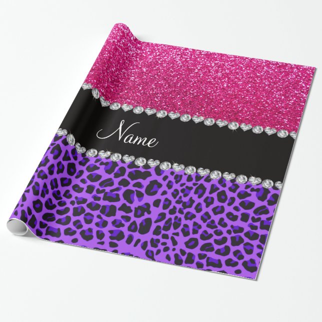Papel De Regalo Nombre personalizado leopardo morado neón purpurin (Desenrollado)