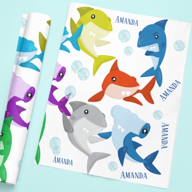 Papel De Regalo Nombre personalizado lindo tiburones pequeños (Subido por el creador)
