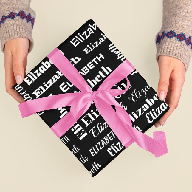 Papel De Regalo Nombre personalizado Monograma inicial Regalo blan (Custom Name Initial Monogram Black White Gift Wrapping Paper)