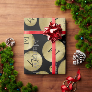 Papel De Regalo nombre personalizado negro dorado con iniciales