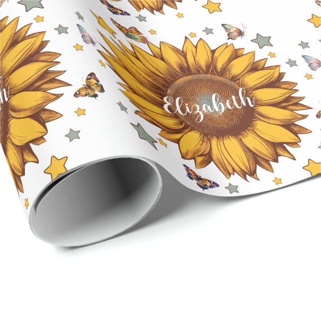 Papel De Regalo Nombre personalizado para regalo de girasol retro  (Esquina del rollo)