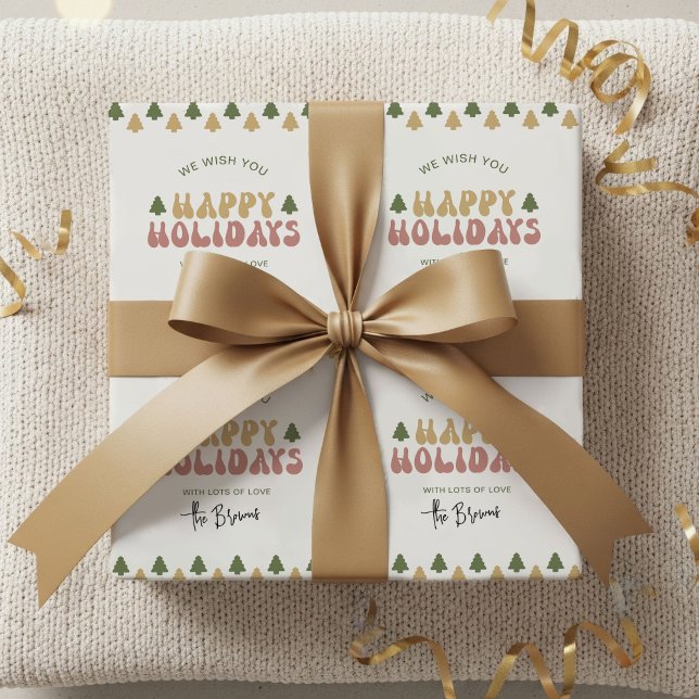 Papel De Regalo Nombre personalizado Retro Groovy Navidades Felice (Trendy retro Happy Holidays Gift Wrapping Paper with your custom name)