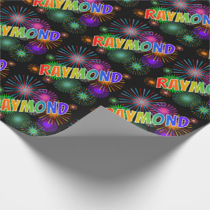 Papel De Regalo Nombre RAYMOND con arcoíris + fuegos artificiales