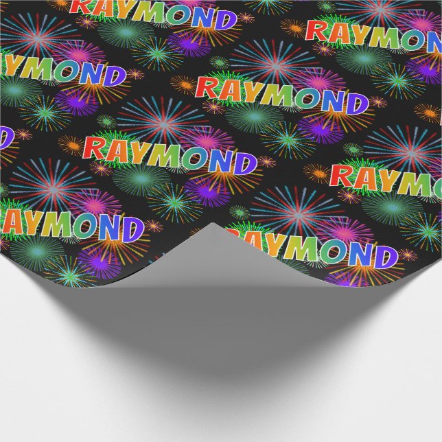 Papel De Regalo Nombre RAYMOND con arcoíris + fuegos artificiales (Esquina)