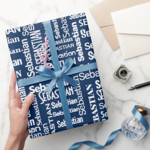 Papel De Regalo Nombre SEBASTIANO Blanco En Azul