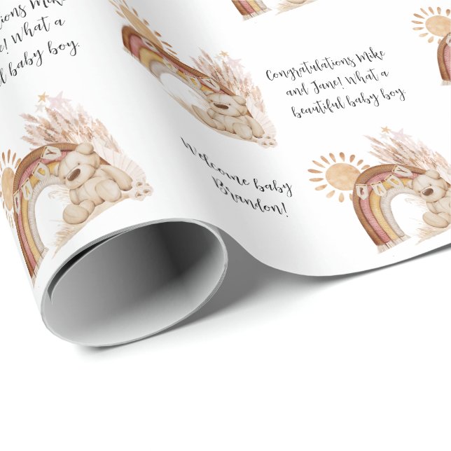 Papel De Regalo Nombre Texto Boho Oso Arcoiris Sun Baby Shower (Esquina del rollo)