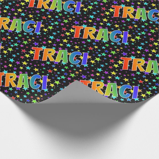 Papel De Regalo Nombre TRACI de arcoíris + Estrellas (Esquina)