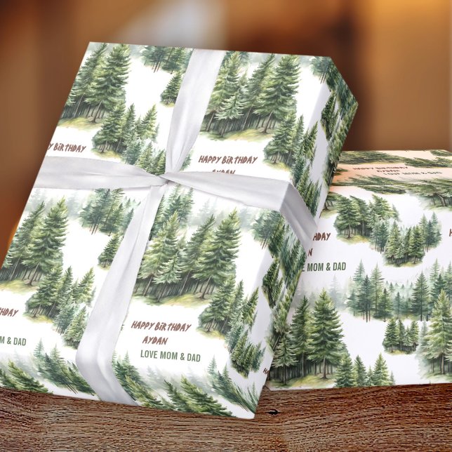 Papel De Regalo Nombre verde del bosque de pinos de cumpleaños (Birthday Pine Tree Forest Green Name Wrapping Paper)