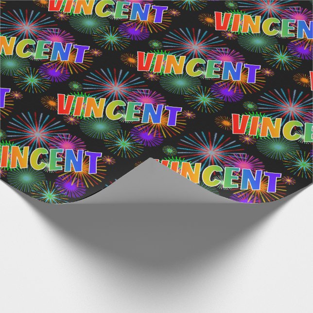 Papel De Regalo Nombre VINCENT con arcoíris y fuegos artificiales (Esquina)