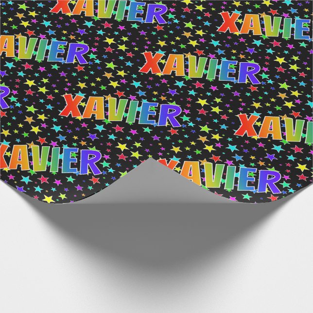 Papel De Regalo Nombre "XAVIER" Arcoíris + Estrellas (Esquina)