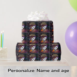 Papel De Regalo Nombre y edad de uso personalizado del cohete púrp