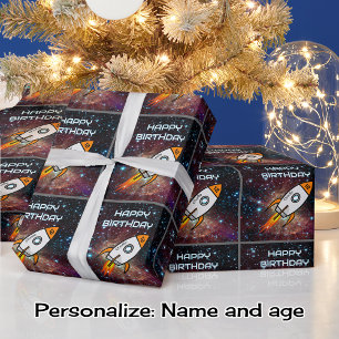 Papel De Regalo Nombre y edad personalizados del cohete naranja de