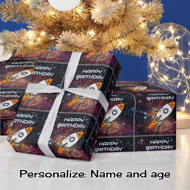 Papel De Regalo Nombre y edad personalizados del cohete naranja de (Subido por el creador)